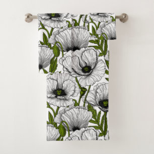White poppies on white bath towel set