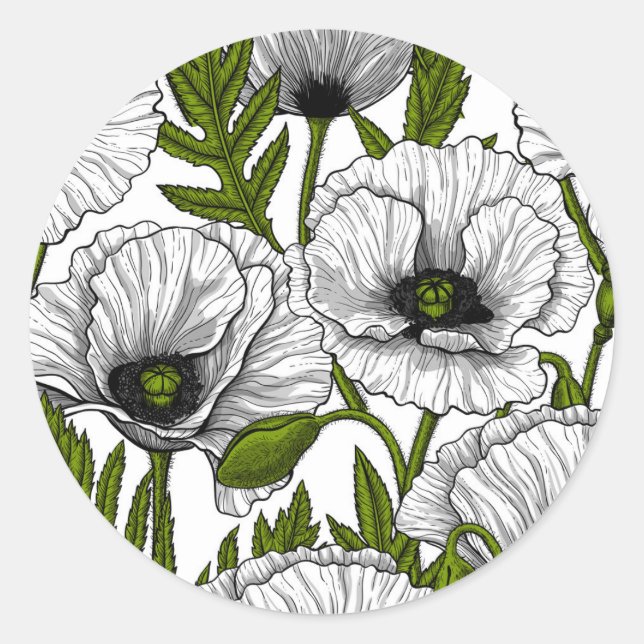 White poppies on white classic round sticker (Front)