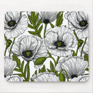 White poppies on white mouse pad