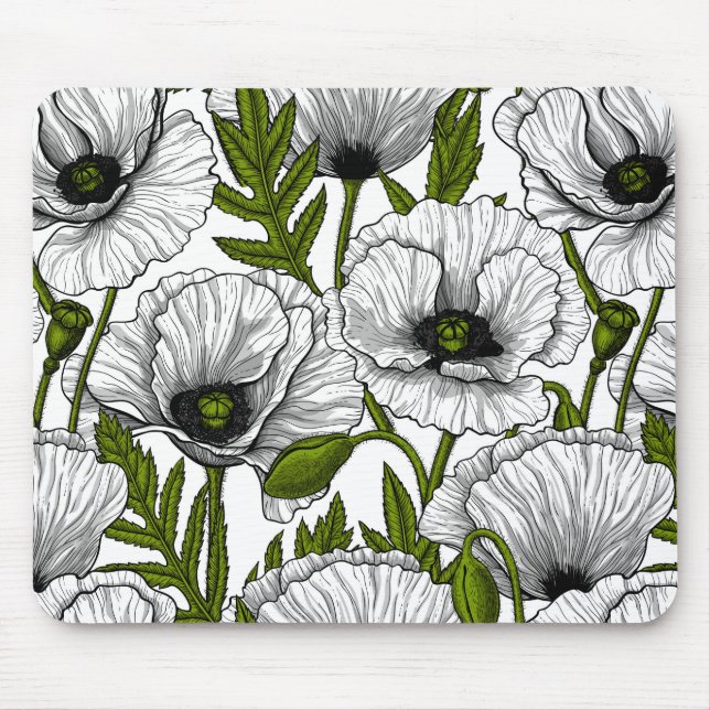 White poppies on white mouse pad (Front)
