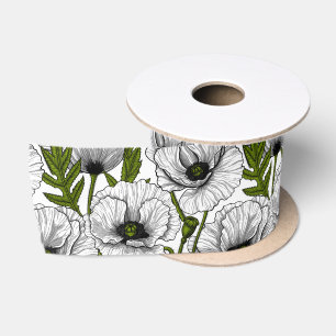 White poppies on white satin ribbon