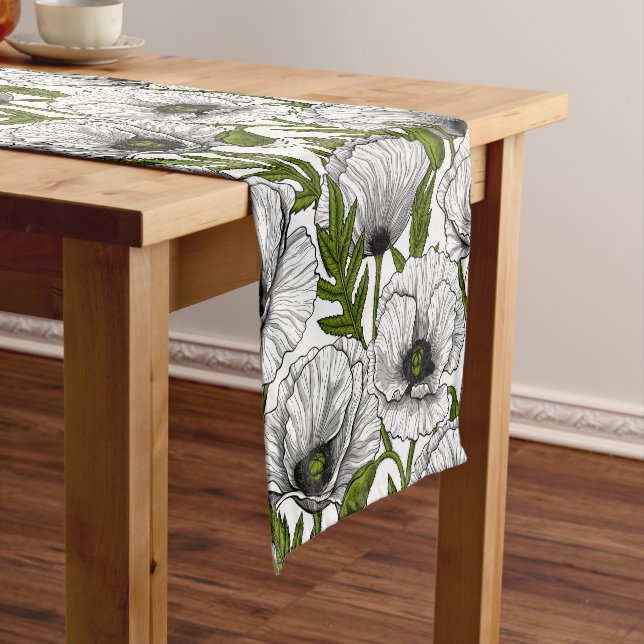 White poppies on white short table runner (In Situ)