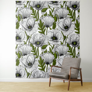 White poppies on white tapestry