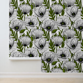 White poppies on white wallpaper
