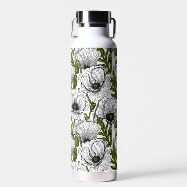 White poppies on white water bottle (Front)