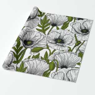 White poppies on white wrapping paper