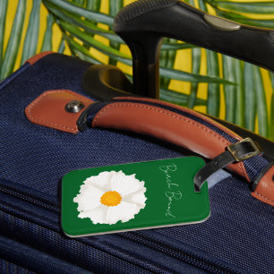 White Poppy Flower Green Luggage Tag