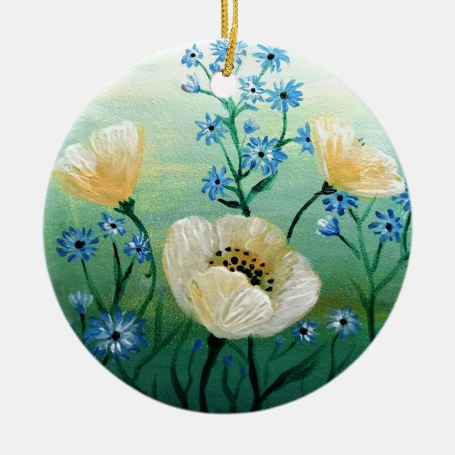 White poppy flowers ceramic ornament (Front)
