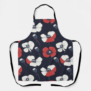 White Poppy Pattern with Red and Blue Accents Apron