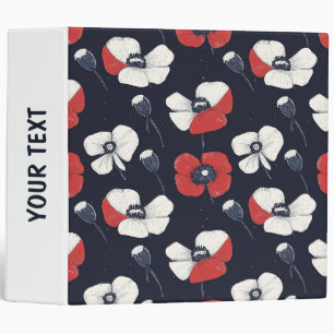 White Poppy Pattern with Red and Blue Accents Binder