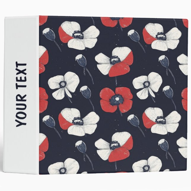 White Poppy Pattern with Red and Blue Accents Binder (Front/Spine)