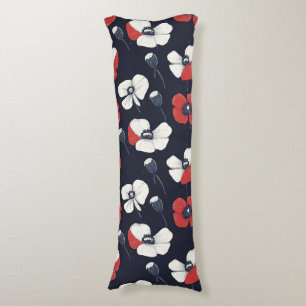 White Poppy Pattern with Red and Blue Accents Body Pillow