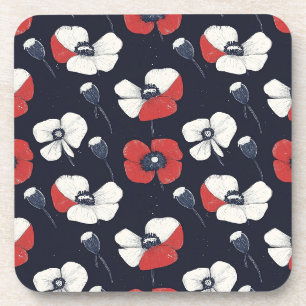 White Poppy Pattern with Red and Blue Accents Coaster