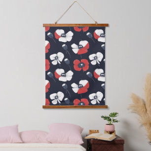 White Poppy Pattern with Red and Blue Accents Hanging Tapestry