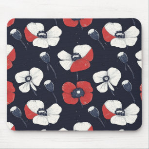 White Poppy Pattern with Red and Blue Accents Mouse Pad