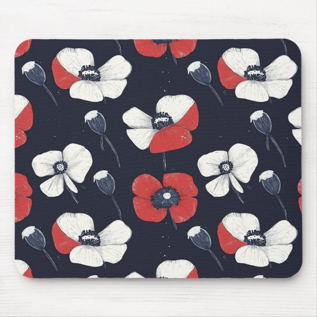 White Poppy Pattern with Red and Blue Accents Mouse Pad (Front)