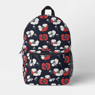 White Poppy Pattern with Red and Blue Accents Printed Backpack