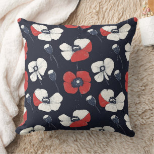 White Poppy Pattern with Red and Blue Accents Throw Pillow