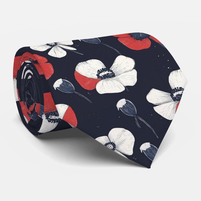 White Poppy Pattern with Red and Blue Accents Tie (Rolled)
