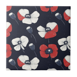 White Poppy Pattern with Red and Blue Accents Tile