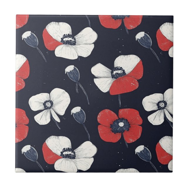 White Poppy Pattern with Red and Blue Accents Tile (Front)