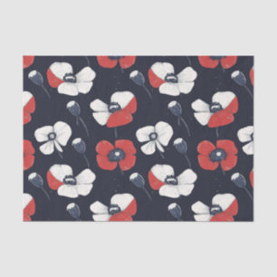 White Poppy Pattern with Red and Blue Accents Tissue Paper