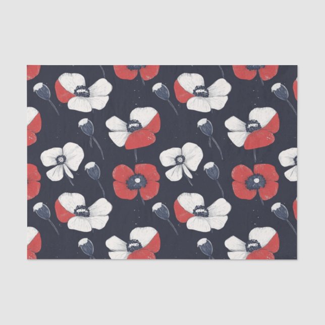 White Poppy Pattern with Red and Blue Accents Tissue Paper (Front)