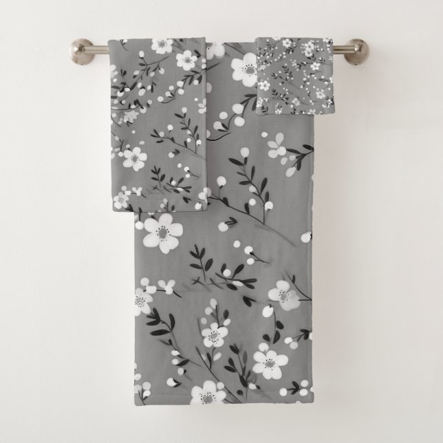 White Posies On Grey Bath Towel Set (Insitu)