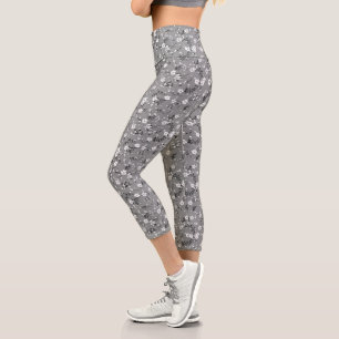 White Posy Print On Grey Capri Leggings