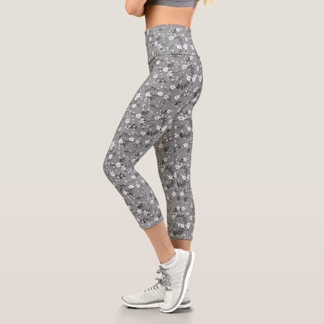 White Posy Print On Grey Capri Leggings (Left)