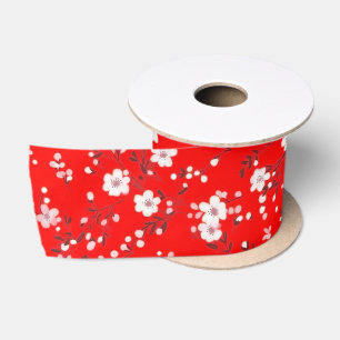 White Posy Print On Red Satin Ribbon