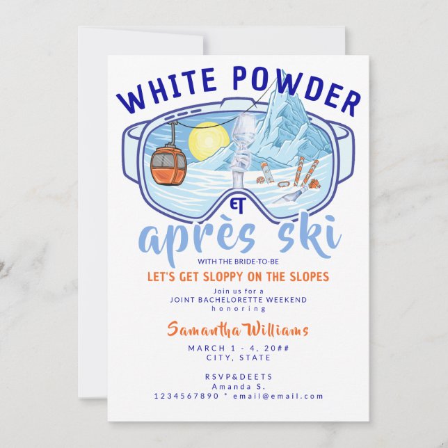 White Powder & Apres Ski Mountain Ski Bachelorette Invitation (Front)
