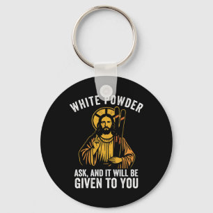 White Powder Jesus Skiing Funny Snowboarding Retro Keychain