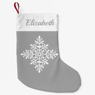 White Pretty Snowflake On Grey With Custom Name Small Christmas Stocking