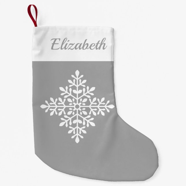 White Pretty Snowflake On Grey With Custom Name Small Christmas Stocking (Front)