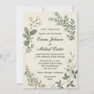 White Primroses, Clematis, Foliage Sprigs, Beaded Invitation