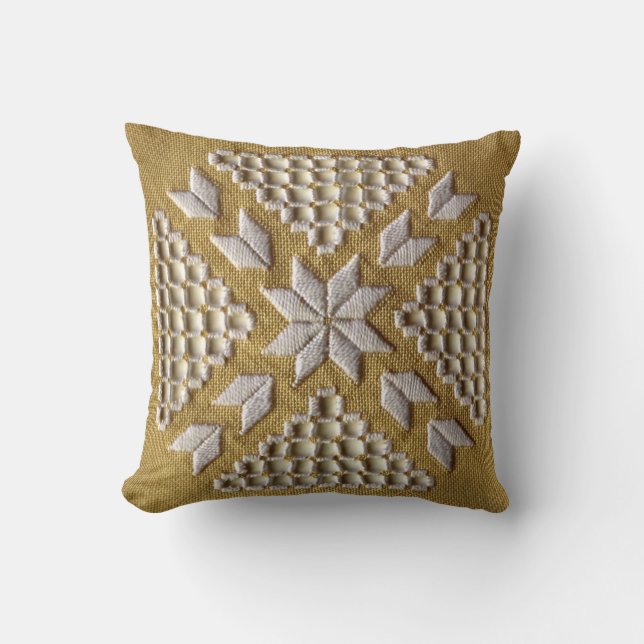 White PRINTED embroidery on linen custom Throw Pillow (Front)