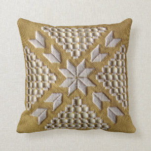 White PRINTED embroidery on linen custom Throw Pillow