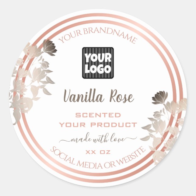 White Product Labels with Logo and Rose Gold Frame (Front)