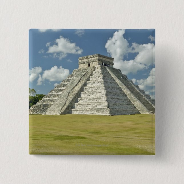 White puffy clouds over the Mayan Pyramid 2 Inch Square Button (Front)