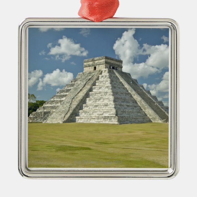 White puffy clouds over the Mayan Pyramid Metal Ornament (Front)