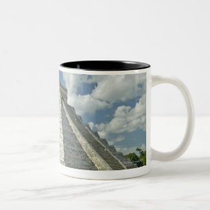 White puffy clouds over the Mayan Pyramid Two-Tone Coffee Mug