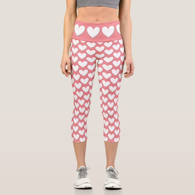 White Puffy Hearts Capri Leggings (Front)
