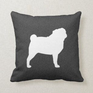 White Pug Silhouette Charcoal Grey   Dog Lover's Throw Pillow