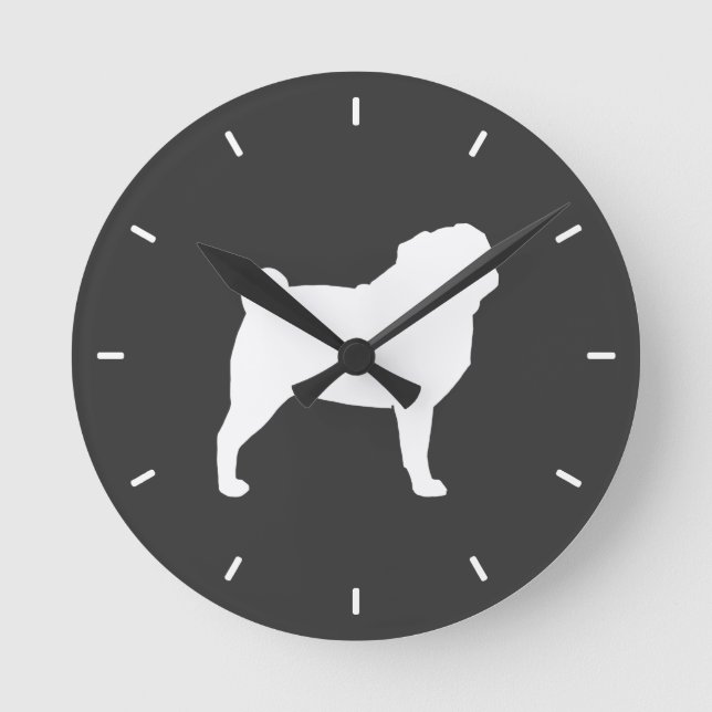 White Pug Silhouette Round Clock (Front)