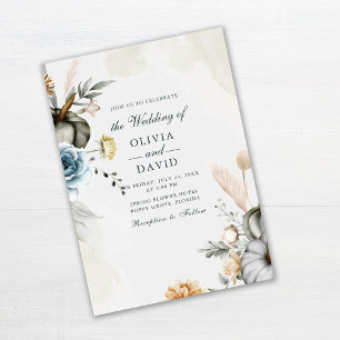 White Pumpkin and Fall Wildflowers Wedding Invitation