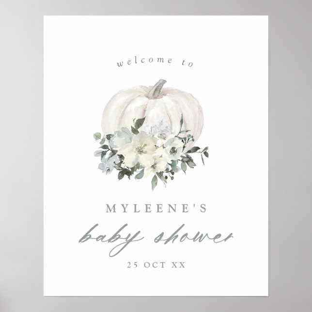 White Pumpkin and Flowers Baby Shower Welcome Poster (Front)