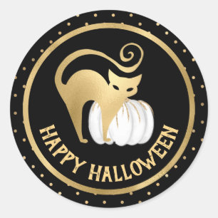 White Pumpkin and Gold Cat polka dots Halloween Classic Round Sticker