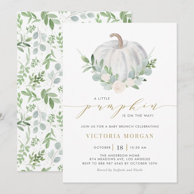 White Pumpkin and Greenery Fall Baby Brunch Invitation (Front/Back)