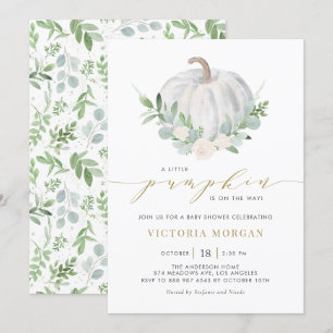 White Pumpkin and Greenery Fall Baby Shower Invitation